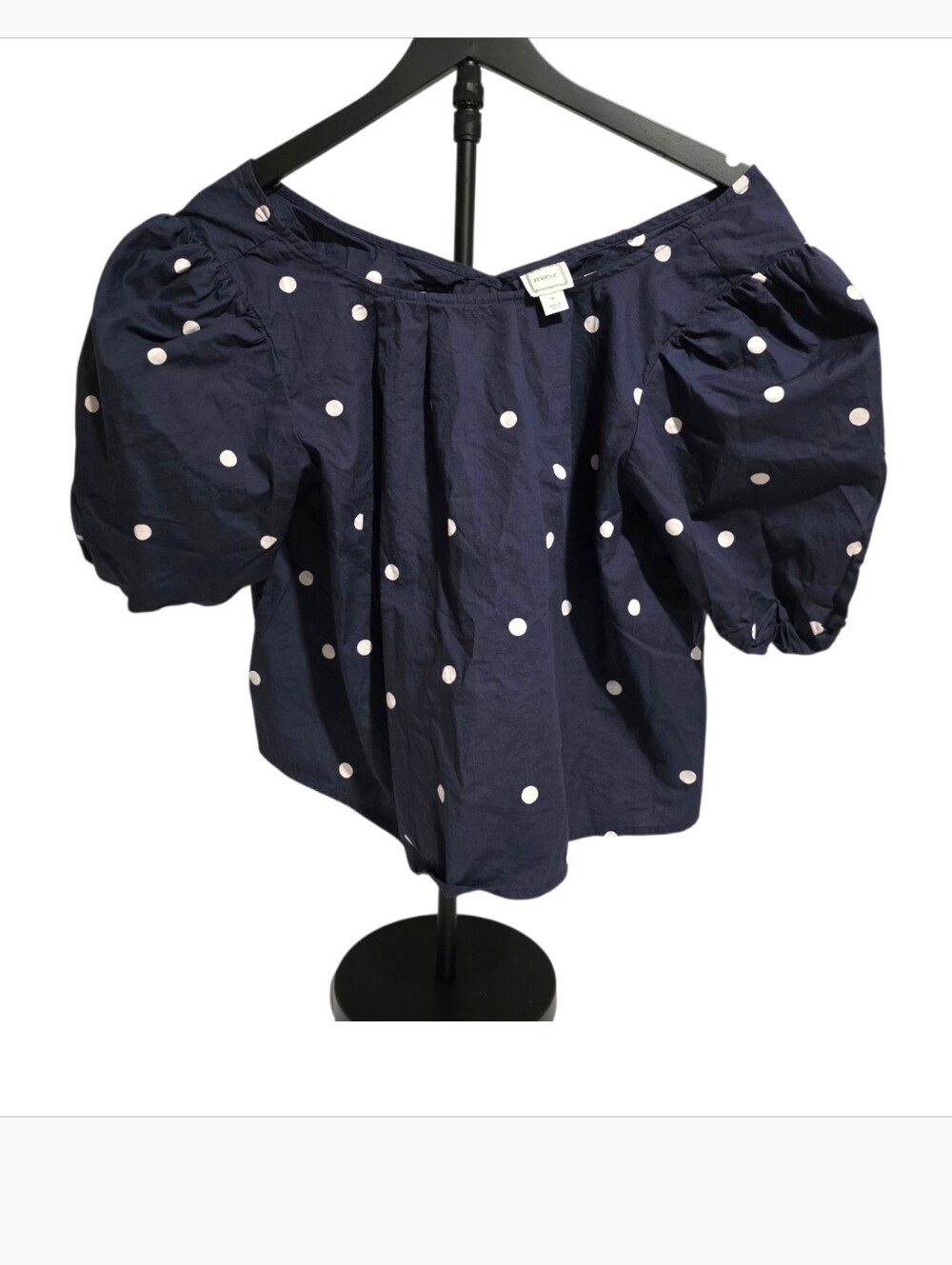 Maeve by Anthropologie Sz M Navy Blue Polka Dot Puff Sleeve Swing Blouse Top